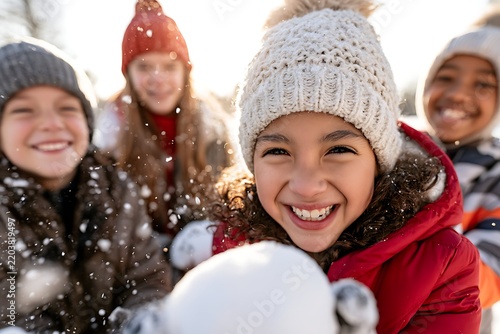 Group of happy diverse children laughing and playing in the snow on a sunny winter day