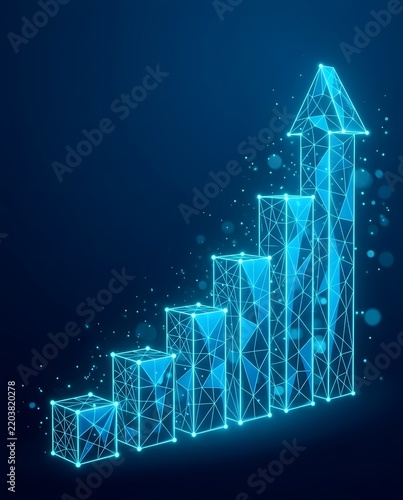 Glowing blue low poly wireframe bar chart pointing upward with growth arrow on dark background
