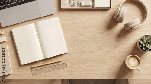 Top view of wooden office desk with open blank notebook laptop headphones coffee cup and stationery copy space.
