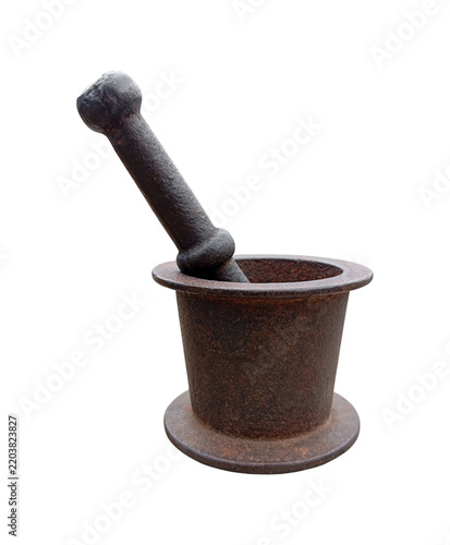 фотографія Antique Cast Iron Mortar and Pestle for Traditional Grinding Isolated on Transpa
