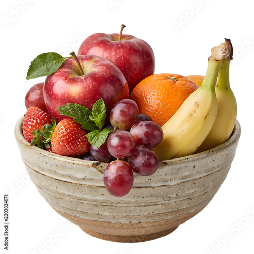 Fresh fruit assortment featuring red apples, bananas, strawberries, grapes, and an orange in a rustic ceramic bowl on black background
