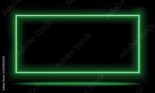 Bright neon green rectangular frame on a black background with glowing light effects