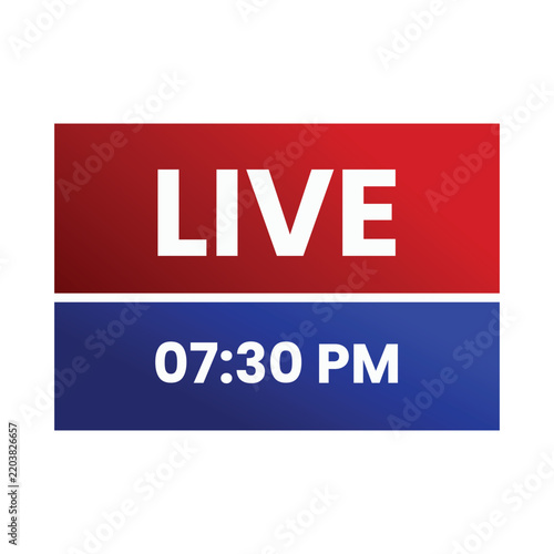 Live broadcast stream badge with clock time vector icon red and blue news overlay element isolated on white background