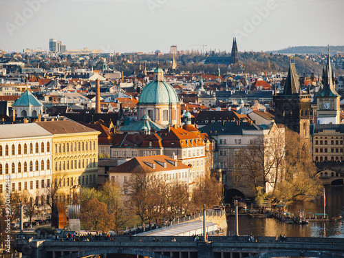 Konstfotografi Prague cityscape with vltava river and charles bridge at golden hour