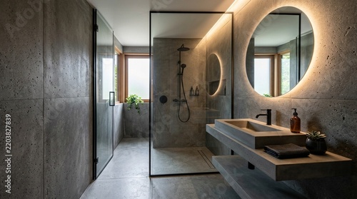 Modern Concrete Bathroom with Circular Mirror and LED Lighting