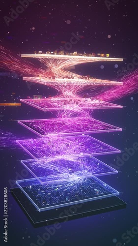 Stacked glowing layers of an AI neural network twist with pink and violet data strands above a chip base, vertical 4K clip for machine learning, AI startups and tech ads