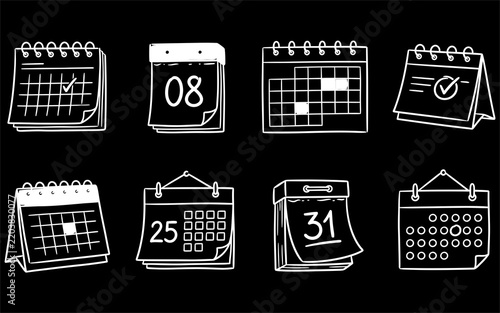 A collection of hand-drawn calendar icons in white outline on a black background for various scheduling and date-related concepts.