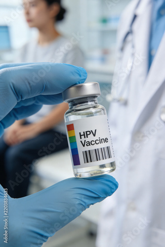 Doctor in gloves holding HPV vaccine vial with patient sitting in blurred clinic background. Close-up of medicine bottle with rainbow label. Human papillomavirus immunization.