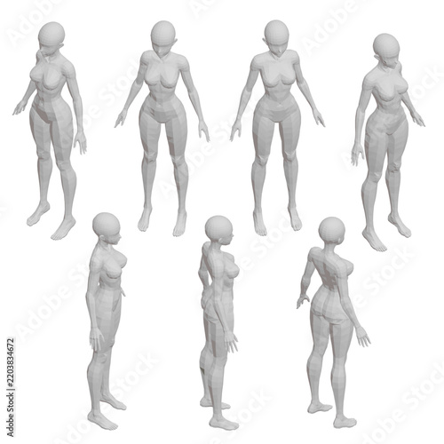 Slim female mannequins in varied poses, low poly style, isometric set on white background.