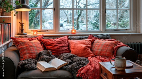 Cozy winter living room with red cushions, knitted blankets, open book and warm drink by a large window overlooking a snowy landscape