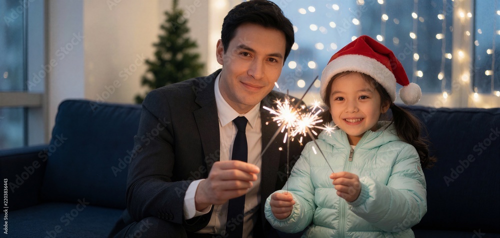 Obraz premium Father and daughter holding Christmas sparklers together on a couch, creating a festive and joyful holiday moment with sparkling lights.