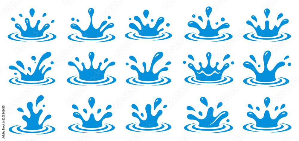 Fototapeta premium Water Splash Crown and Ripple Effect Blue Vector Icon Set