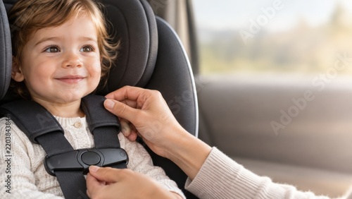 Caring mother hands check harness tension for child car seat safety while smiling toddler girl sits securely during family travel road trip