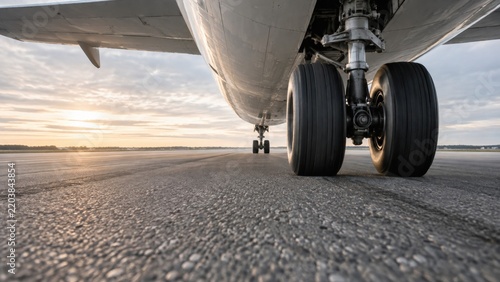 Commercial Airplane Landing Gear Rolling Across Textured Pavement at Ground Level During Golden Hour Sunset Highlights Aviation Transportation and Logistics Technology