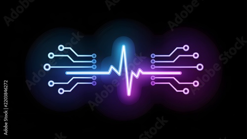 A captivating digital graphic design featuring a vibrant neon glowing heartbeat pulse line connected to intricate circuit board traces, symbolizing technological health monitoring and data flow