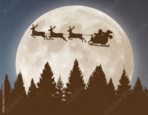 A silhouette of reindeer flying with Santa Claus in a sleigh against a full moon and starry sky over a forest of pine trees 