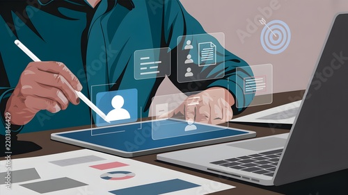 Professional Using Digital Tablet for Data Management and Workflow Optimization with Virtual Interface Graphics