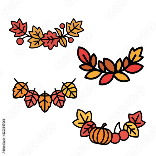 Autumn leaf garland, simple geometric shapes with bold black outlines, set of flat colored icons