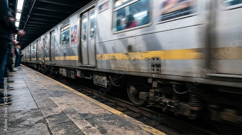 Dynamic subway train arriving at a bustling underground station, urban public transport in motion, daily commute, city life, and modern travel