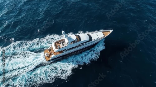 Aerial drone top down video of luxury yacht with wooden deck anchored in open ocean sea
