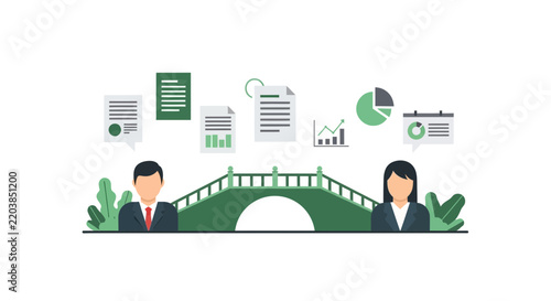 Business Collaboration Concept Illustration with Bridge and Data Icons