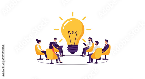 Business Team Brainstorming Creative Ideas around Large Glowing Lightbulb Vector