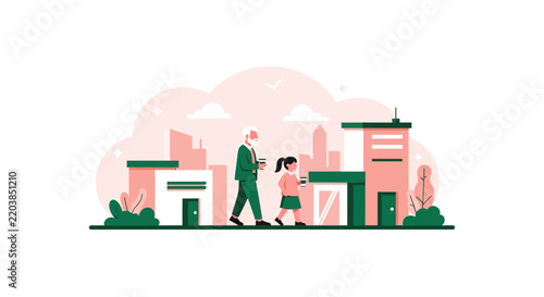 Flat vector illustration of grandfather and granddaughter walking in the city with drinks