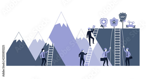 Business Professionals Climbing Mountains for Success and Leadership Concept Illustration