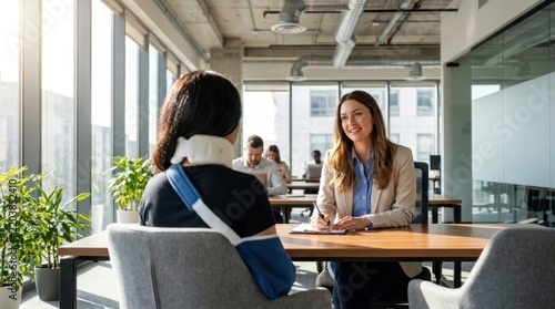 Professional woman consulting with a patient wearing a neck brace and arm sling in a modern office with copy space