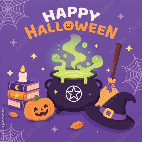 halloween cute witch element flat cartoon banner