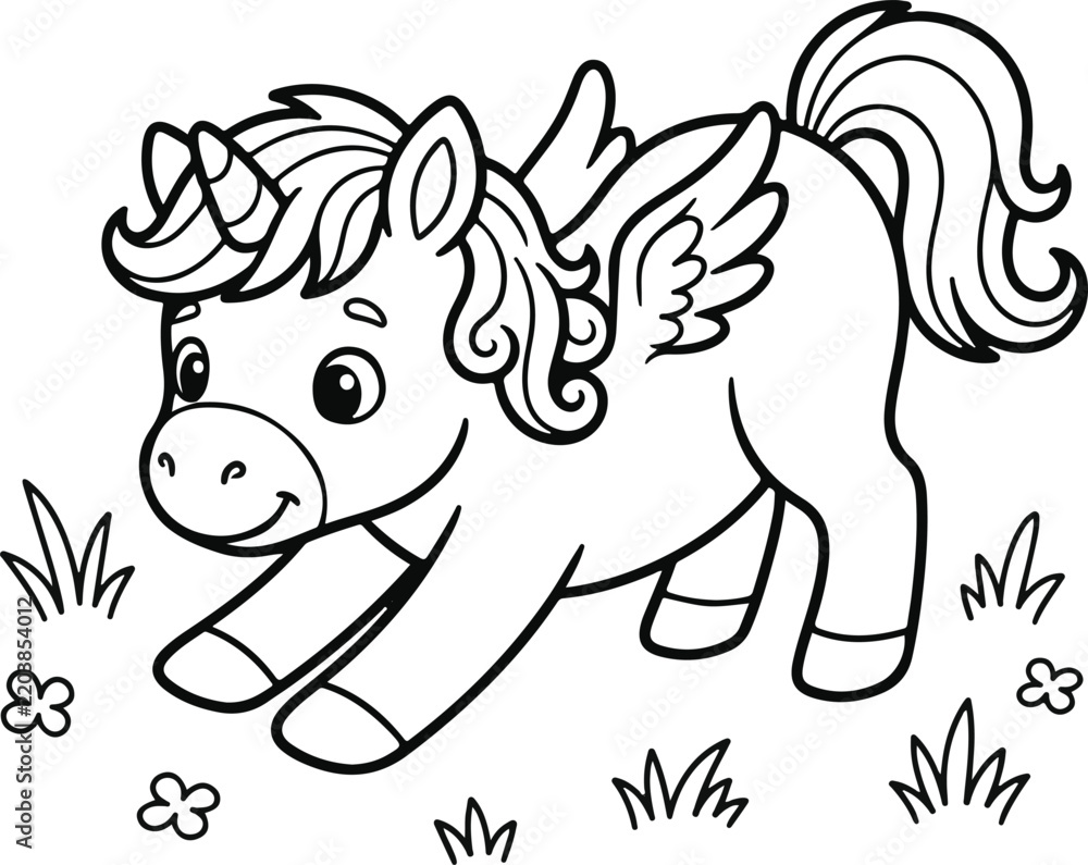 Obraz premium Cute cartoon unicorn with wings playing in a meadow with flowers