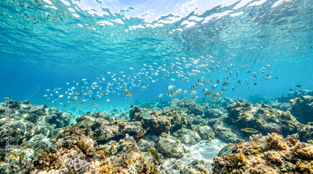 Fototapeta premium Peces nadando en aguas cristalinas y turquesas del mar Mediterráneo sobre un fondo marino rocoso con suaves reflejos en la superficie.