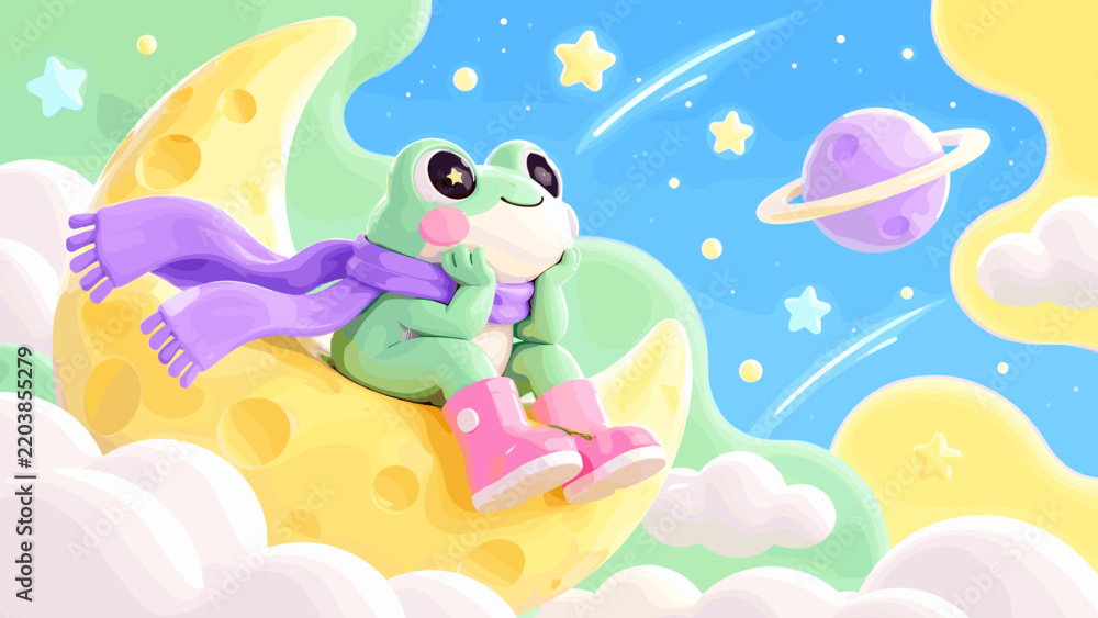 Obraz premium Cute green frog sits on cheese moon. Purple scarf wraps its shoulders snugly. Pink boots add playful charm to its feet. Stars twinkle in a cosmic blue sky. Planet with rings floats nearby, serene