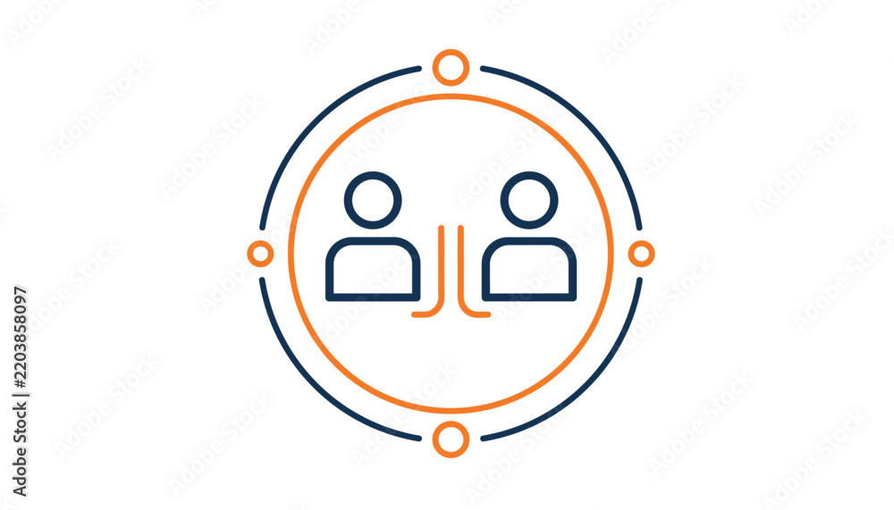 Fototapeta premium Round flat icon depicting secure peer to peer connection or client communication in blue and orange lines.
