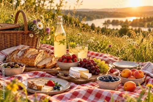 Summer Picnic at Sunset with Fresh Food and Drinks in Meadow