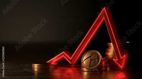 Economic Collapse and Financial Crisis Concept with a Glowing Red Downward Trend Arrow and Cracked Gold Coins