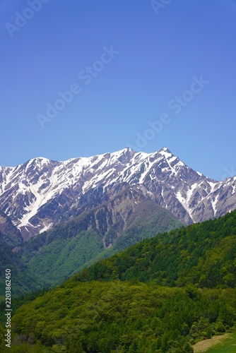 北アルプス　残雪の鹿島槍ヶ岳と新緑の里山