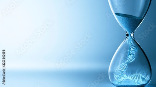 Conceptual representation of the biological clock with a DNA helix forming inside an hourglass on a blue background.