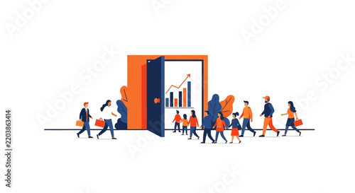 Business People Entering Open Door Toward Growth Chart and Success Opportunity Illustration