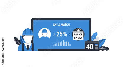 Recruitment Technology Illustration Showing Skill Match Percentage for Industrial Workers and New Job Openings