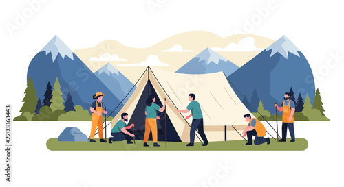 People Setting Up Camping Tent in Mountain Landscape Vector Illustration