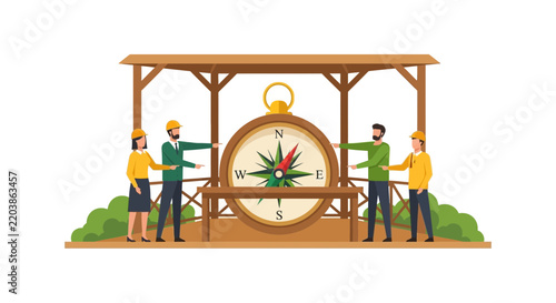 Business Team and Engineers Pointing at Giant Compass for Strategic Direction and Leadership Illustration