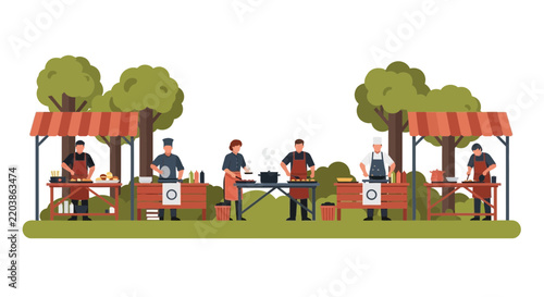 Outdoor Street Food Festival Illustration with Professional Chefs Cooking at Market Stalls