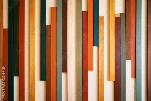 Modern Abstract Wall Art Featuring Colorful Vertical Wooden Slats in a Vibrant Geometric Pattern