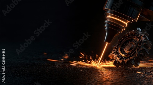 Industrial Laser Cutting Machine Precision Manufacturing Process with Sparks and Metal Gear