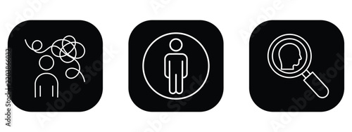 Bild auf Leinwand Psychology and mental health icon set with minimal outline illustrations of overthinking, personal boundaries, and introspection on solid black backgrounds