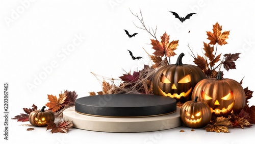 Halloween themed pumpkin display with lit carved pumpkins and autumn leaves on a podium isolated on transparent background