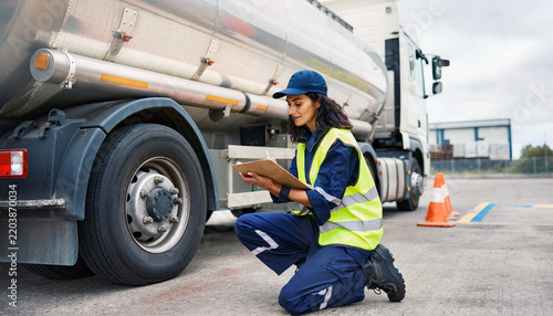 Safety inspector in yellow hi-vis vest and blue cap kneeling beside tanker truck tires writing notes on clipboard