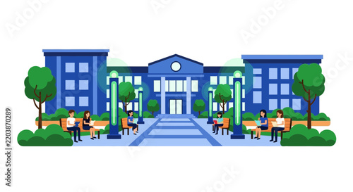 Modern School Campus Flat Illustration with Students Studying Outdoors