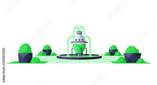 Futuristic Bio-Liquid Fountain Illustration with Geometric Plants